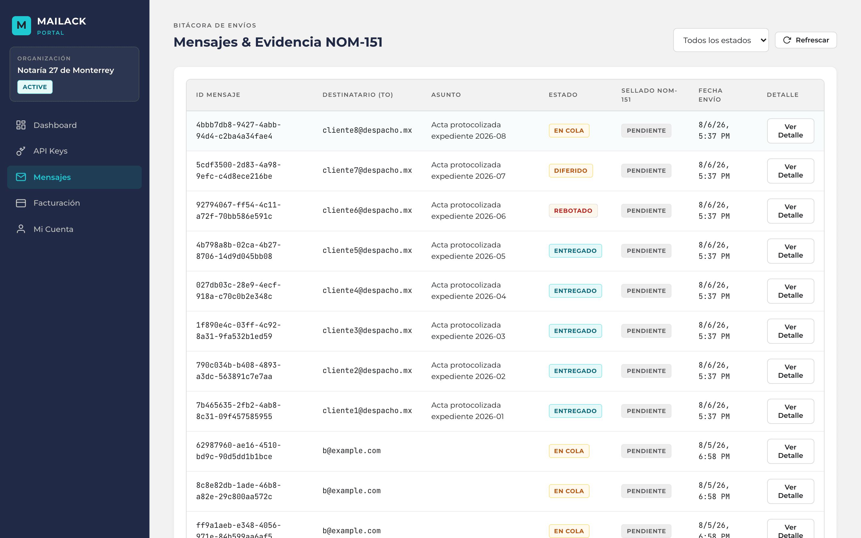 Message detail in the mailack portal with the event timeline and evidence and proof bundle downloads