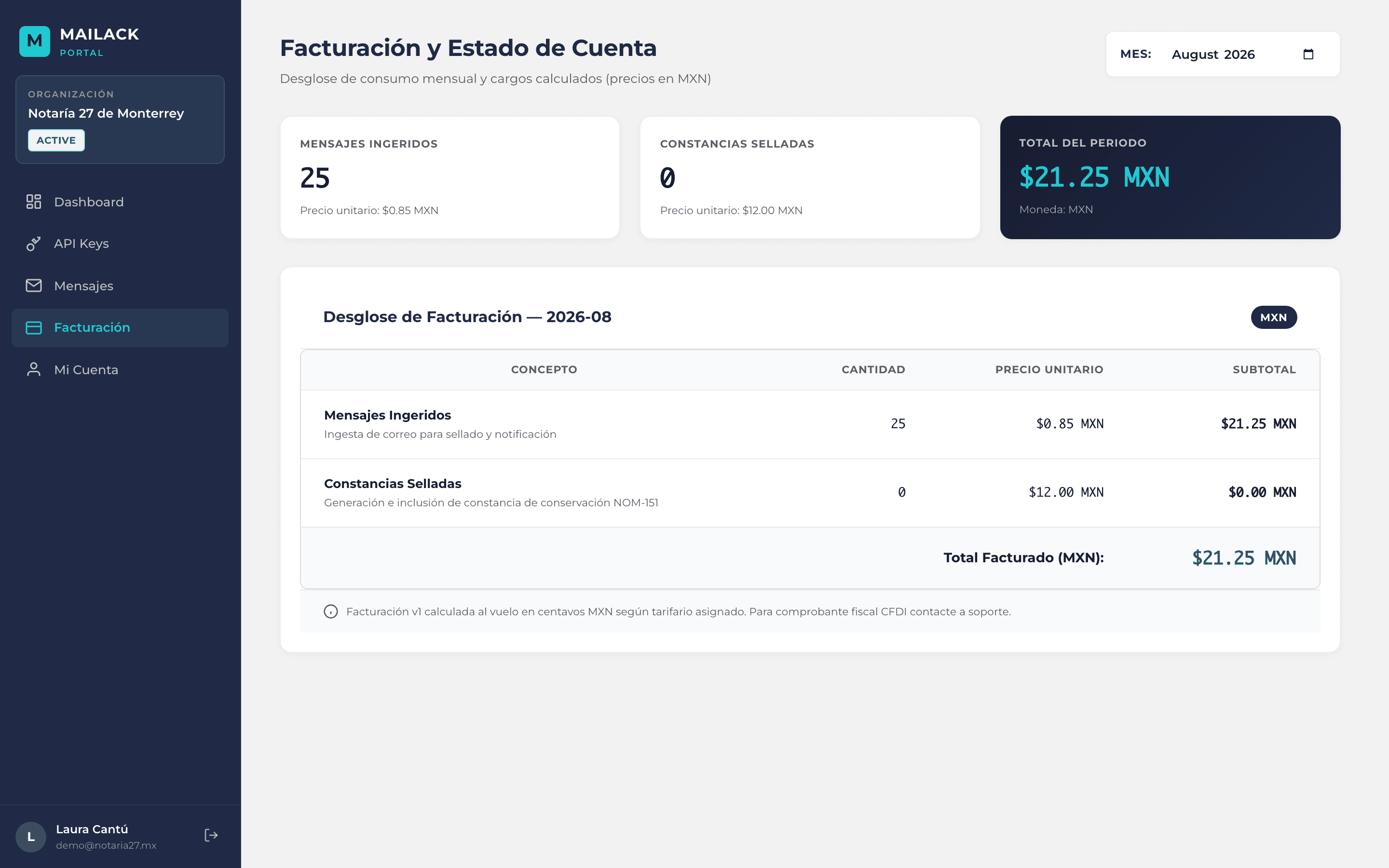 Monthly billing statement in the mailack portal with the breakdown of messages and certificates in Mexican pesos