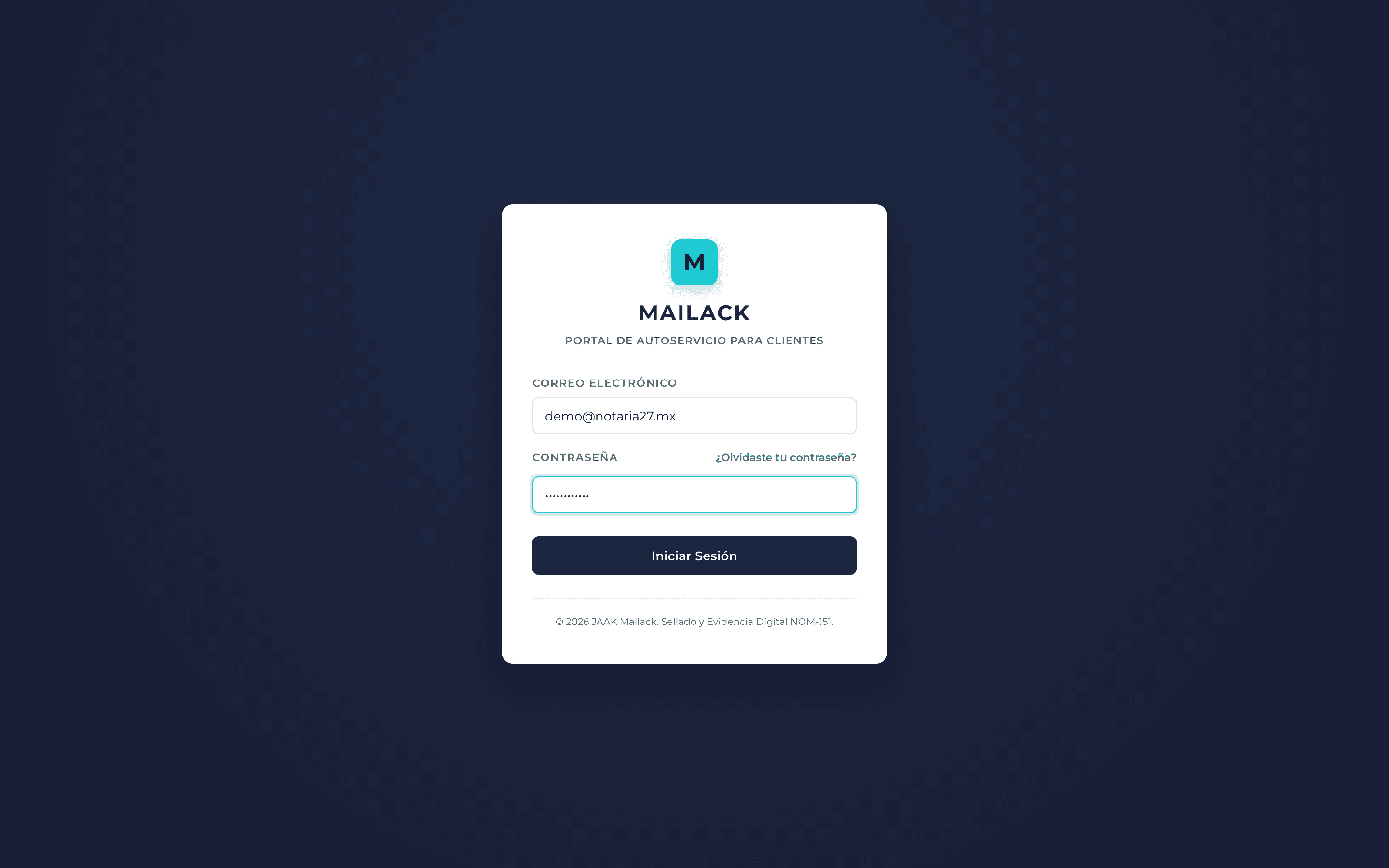 mailack portal sign-in screen with the username and password form