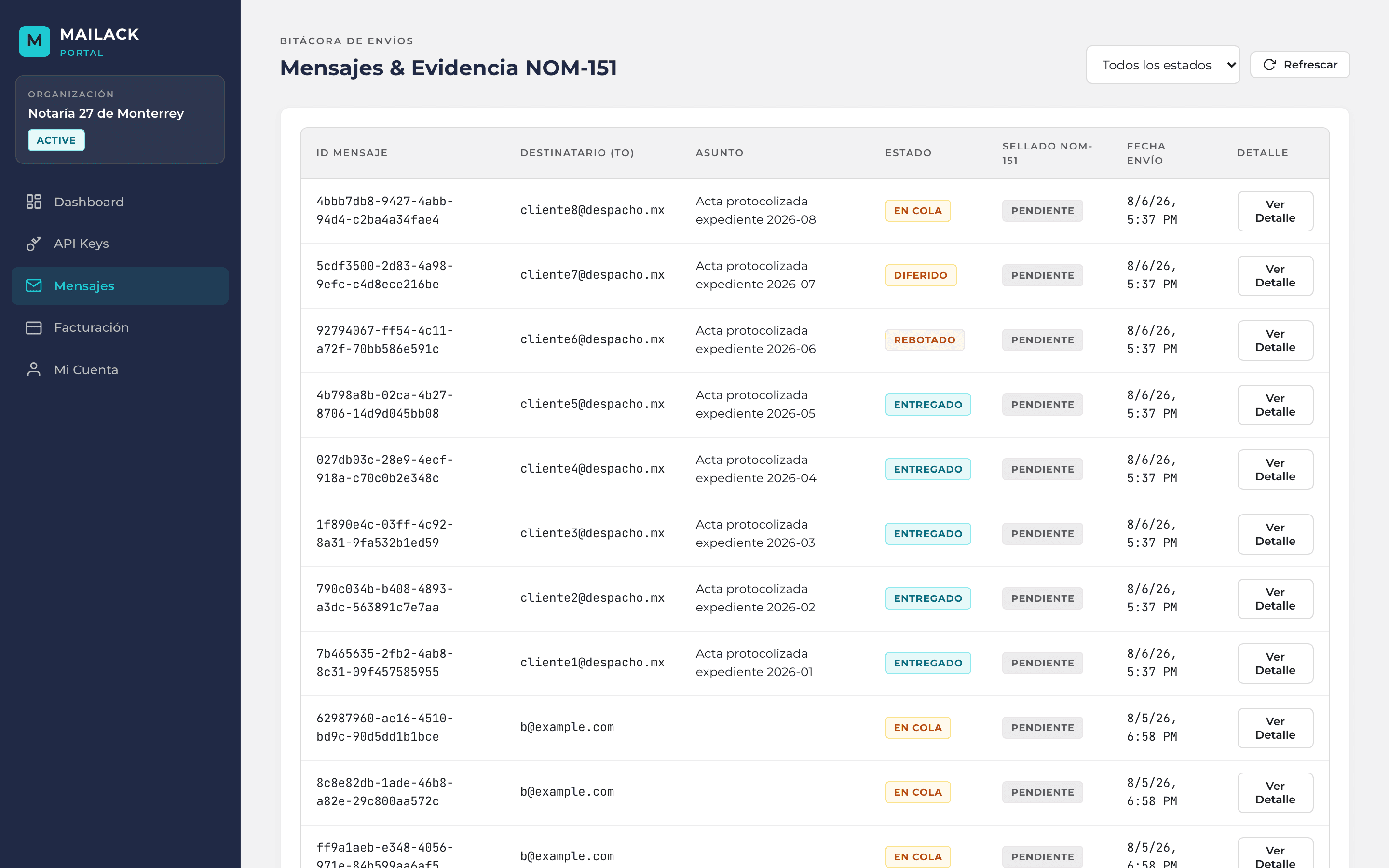 mailack portal message list with delivery statuses